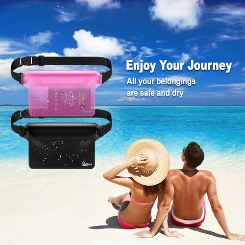 Waterproof Fanny Pack, Dry Bag Phone Pouch for Beach Swimming Kayaking | Floating dry bag keeps wallet & purse safe. Triple zip-lock seals water. Touchscreen works wet. Cruise, fishing & travel - color: Black+Pink