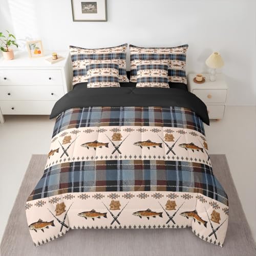 Erosebridal Big Fish Comforter Set with Sheets Full Size Aztec 7-Piece Bedding Set for Kids Boys Girls Retro Rustic Buffalo Plaid Cabin Farmhouse Blue White Brown Lightweight Bed in A Bag - color: Blue White Brown, size: Full