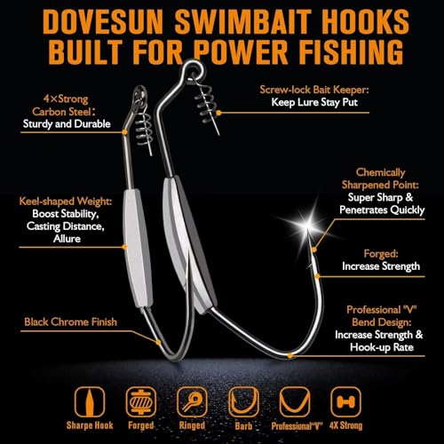 Dovesun 12PCS/44PCS Weighted Swimbait Hooks Weighted Fishing Hooks Saltwater Freshwater Worm Weedless Hooks for Bass Fishing 3/0 4/0 5/0 - color: Weighted Hooks, size: Size4/0-Weight1/5oz-12pcs