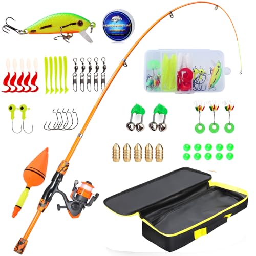 Kids Fishing Rod and Reel Combo,Light Weight Fishing Pole with Spinning Fishing Reel Tackle Bag Lures for Youth,Girls and Boys Good Starter Fishing Kit - color: Orange