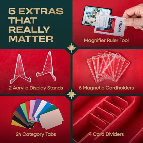 4-Row Mtg Trading Card Storage Box With Display Windows - Magnifier Ruler, 2 Display Stands, 6 Cardholders - 3000+ Card Case With Magnetic Closure, Sports TCG Card Organizer - Red Card Boxes - color: Black, Red (4 Row)