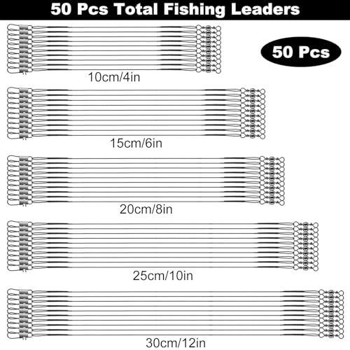 Realure 50Pcs Stainless Steel Fishing Leaders with Swivels Snap Connect Kit High Strength Fish Line Wire Leaders for Fishing Saltwater 4/6/8/10/12inch Fishing Wire Leader Line for Lure Bait Rig Hooks