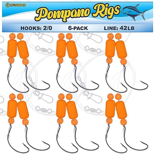 Pompano-Rigs-for-Surf-Fishing-Saltwater-Gear with Double Circle & Wide Gap Hook-6-Pack Surf Fishing Tackle - color: Neon Orange 6-Pack, size: #2 Wide Gap Hook