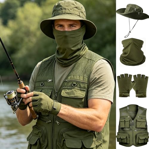 HUNTURE Fishing Vest,Pocket Vest and Hat Gloves Neck Gaiter Set for Men,Lightweight Utility Outerwear Vest - color: Green, size: Medium