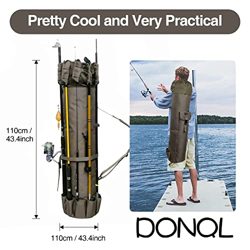 DONQL Fishing Rod Bags, Outdoor Fishing Pole Case, Multifunction Camping Portable Travel Carry Cases Backpack, Fishings Rod and Reel Case Holds 5 Poles & Rig Tackles, Fishings Gift for Men - color: Khaki