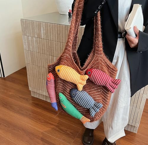 Knitted Beach Shoulder Bag for Women 3D Fish Bohemian Tote Versatile Purse Soft Hobo Handbag for Summer Vacation 2026 - color: E Brown