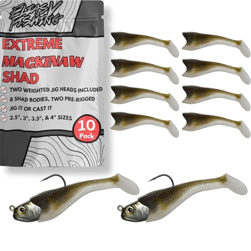 Mackinaw Shad Pre Rigged Swimbait, Paddle Tail Swim Baits, Ready to Fish Soft Plastic Swimbaits, Swim Baits for Bass Fishing, Saltwater Fishing Lures and Freshwater Fishing Lures - color: Olive Silver