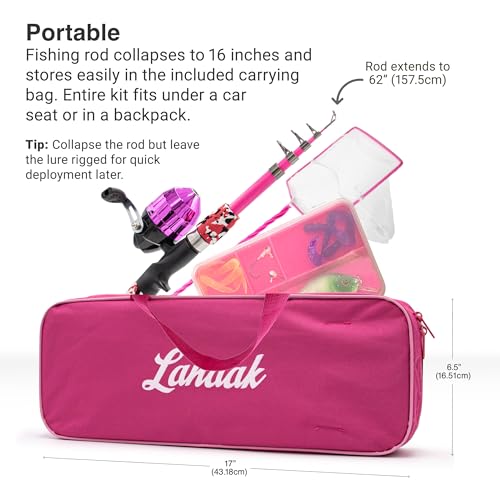 Lanaak Kids Fishing Pole, Kids Portable Telescopic Fishing Rod Set, Tackle Box and Fishing Net Combo Kit, Kids Fishing Gear for Boys and Girls Age 5-10 and Youth - color: Pink, size: 1.2m or 3.9FT