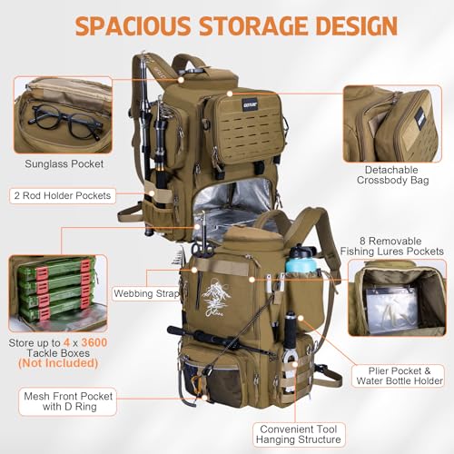 Goture Fishing Backpack, 58L 900D Water-Resistant Insulated Tackle Backpack with Cooler, Rod Holders, 8 Lure Pockets, Detachable Crossbody Bag, Gear Storage Large Fishing Bag for Camping Hiking - color: Khaki