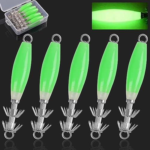 Luminous Squid Jig Hooks Saltwater Glow Squid Jigs Fluoresent Cuttlefish Sleeve Fishing Jigs Squid Hard Night Fishing Bait Octopus Lure Glow in Dark Green Color - color: 5pcs