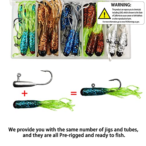 Crappie Lures Tube Lures Jigs Heads Worms Swimbaits Kit, 165, 124, 50 Pcs Pre-Rigged Crappie Jigs Tube Hooks Soft Plastic Grub Worms Baits for Bass Trout Freshwater Saltwater Fishing - color: 25 Pcs - Pre-Rigged Tube lures