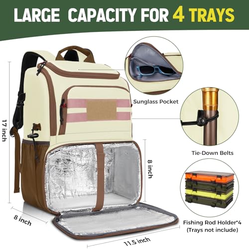 MATEIN Fishing Backpack Tackle Box, Water Resistant Tackle Backpack with Cooler & Rod Holders, Fishing Gifts for Men - color: Beige & Brown & Pink