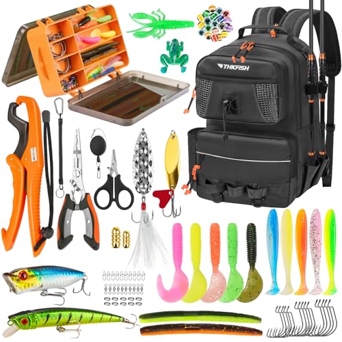 THKFISH Fishing Backpack with Tackle Boxes, 20L Waterproof Tackle Sling Bag with Lures Kit, Fish Lip Gripper, Pliers, Scissors, Fishing Gifts for Men Women - color: Black Fishing Backpack with Tackle Boxes