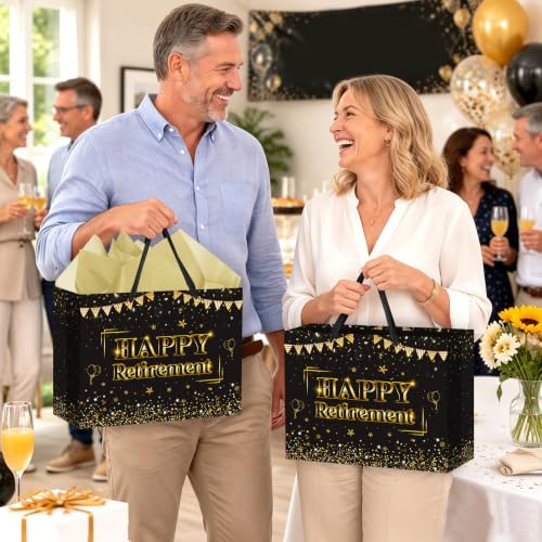 Hooqict Large Retirement Gift Bag Black Gold Happy Retirement Gift Wrap Bag with Handles, Tissue Paper, Greeting Card for Men Women Teacher Office Coworker Farewell Going Away Party Favors - color: Retirement