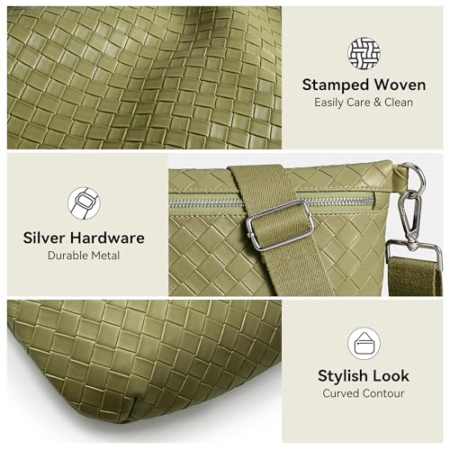KALIDI Woven Crossbody Bags for Women Travel Vegan Leather Fanny Packs for Woman Cross Body Purse Fashion Belt Bum Bag with Wide Strap - color: Grass Green