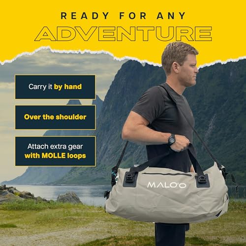 Malo’o Waterproof Dry Duffel, Heavy-Duty Roll Top Waterproof Gear Bag with Shoulder Strap & Molle Loops, Marine Duffel for Kayaking, Boating, Camping, Beach & Travel, Grey, 60L - color: Grey, size: 60L