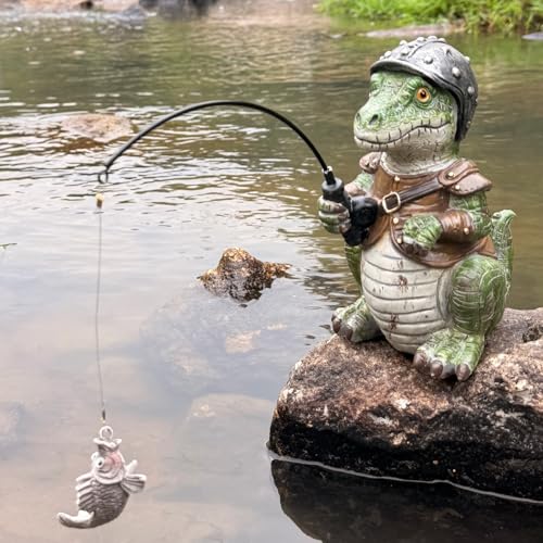 Garden Dinosaur Pond Statues Decoration, Fishing Dinosaur Garden Statue Outdoor Koi Pond or Waterfall Decor, 7.1" Crocodile Fishing Poolside Statue, Animals Patio, Lawn Additional, Gifts for Mom - color: Fishing Dinosaur