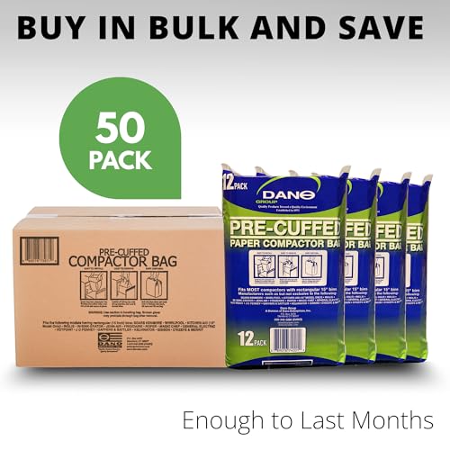 Dano Pre-Cuffed Paper Trash Compactor Bags (12 Pack) | Heavy Duty Kitchen Garbage Compactor Bags & Liners | 11 Gallon Precuffed Garbage Bag for Compactor | Eco-Friendly Trash Compactor Bag - size: 1 Count (Pack of 12)