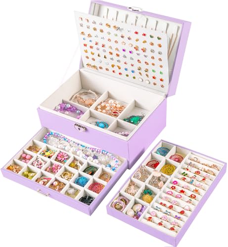 QBestry Earrings Jewelry Box for Girls, 5 Layers Jewelry Organizer with Earring Holder Organizer for Girls Earring Organizer Jewelry Boxes for Women Earrings and Necklaces Jewelry Box Organizer Violet - color: Purple, size: Large