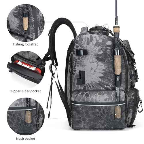 Rabjen Fishing Tackle Backpack, 45L Storage Waterproof Travel Bag Store Fishing Gear with Insulated Top Pocket - color: Camouflage Black, style: Standard Size 4 Tackle Boxes Not Included 900d Nylon
