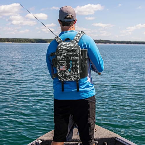 Piscifun Fishing Tackle Backpack with Rod & Gear Holder, Lightweight Outdoor Water-Resistant Fishing Shoulder Storage Bag with Protective Rain Cover, Digital Camouflage - color: Digital Camouflage, size: Standard