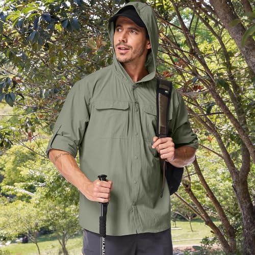 Mens Sun Protection Hiking Fishing Safari Shirts with Hood Long Sleeve Outdoor Quick Dry Shirts Hoodie - color: 5105 Grey Green, size: Large
