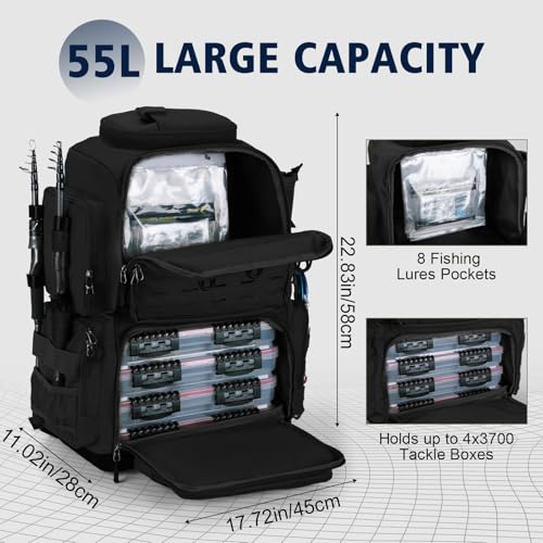 Goture Fishing Backpack, IPX EVA Bottom 55L Large Fishing Tackle Bag with Rod Holder, Rain Cover for Camping Hiking, 600D Fishing Bag Storage with 8 Lure Pockets, Fishing Gear and Equipment Black