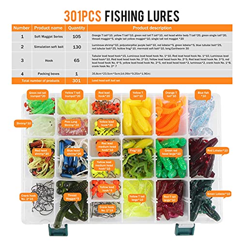Pure Vie Fishing Topwater Lures Kits Mixed Universal Artificial Soft Baits Tackle Including Crankbaits, Spinnerbaits, Plastic Worms, Frogs, Hooks, Tackle Box - Freshwater Saltwater Fishing Equipment - color: 301 Pieces