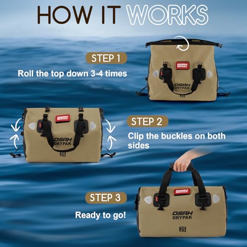 OSAH DRYPAK Waterproof Duffel Bag - Motorcycle Dry Bag Tail Bag with Large Storage Space, Waterproof Luggage Duffle Bags with Outer Mesh Zipper Pocket for Camping, Kayaking, Fishing & Traveling - color: Brown, size: 60L