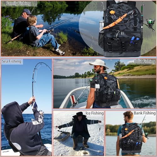 Fishing Backpack with 4 Tackle Boxes, Heavy Duty Fishing Bag with Waterproof Bottom, Tackle Backpack Gifts for Man Woman-Camo Black - color: Camo Black