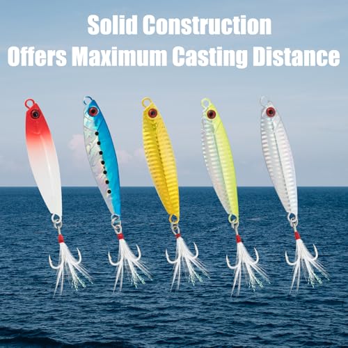 Dr.Fish 5 Pack Metal Jigging Spoon Saltwater Fishing Jigs Spoons Lures Casting Vertical Diamond Jig Lures Freshwater Bass Striper Mackerel Halibut - color: Long Casting Jig, size: 2oz-Hook #4