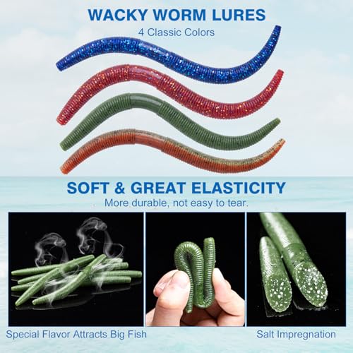 Goture Wacky Worm Fishing Lure Kit with Soft Plastics, Wacky Rig Tools, O-Rings, Worm & Drop Shot Hooks, Beads, Weights & Tackle Box - color: F:208pcs-(5" Soft Worm)&Tackle Box