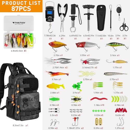 THKFISH Fishing Tool Kit, Backpack and Tackle Box with Tackle Included Lures Hooks Sinkers Accessories Kit,Pliers, Fish Lip Gripper, Fishing Gear and Fishing Gift for Men (Black Camo-87pcs) - color: BlackCamo