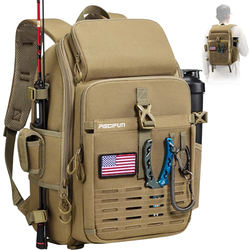 Piscifun Fishing Tackle Backpack with Rod & Gear Holder, Lightweight Outdoor Water-Resistant Fishing Shoulder Storage Bag with Protective Rain Cover, Khaki - color: Khaki, size: Large