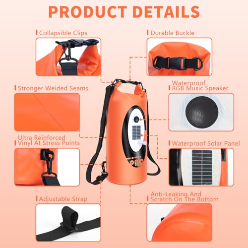 FELICON Waterproof Dry Bag Backpack with Bluetooth Speaker, 10L Roll Top Floating Sack, Solar & USB-C Powered Emergency Charger, RGB Light, Heavy Duty PVC for Kayaking Camping, Orange - color: Orange, size: 10L