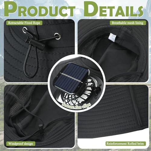 Berlune Sun Hat with 2 Solar Fan Wide Brim Fishing Bucket Hat USB & Solar for Men Women UPF 50+ Cooling for Fishing Beach - color: Black, size: 5.9 Inch Brim