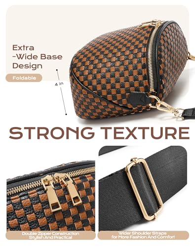 Trendy Woven Checkered Crossbody Bum Bag for Women，PU Leather Checkered Purse Fanny Packs Belt Bag (Woven Bum Bag - Black-Brown) - color: Woven Bum Bag - Black-Brown