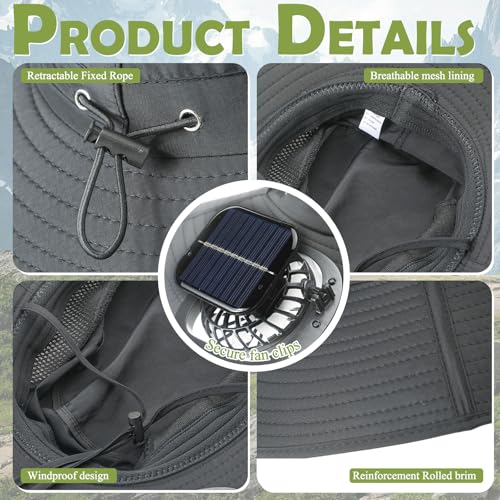 Berlune Sun Hat with 2 Solar Fan Wide Brim Fishing Bucket Hat USB & Solar for Men Women UPF 50+ Cooling for Fishing Beach - color: Dark Gray, size: 4.7 Inch Brim