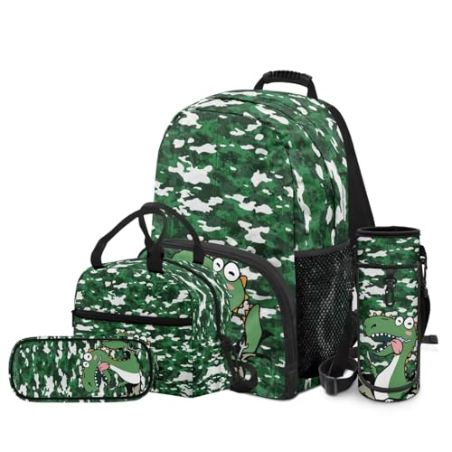 Dinosaur Backpack for Kids 5-7 Years Kindergarten Elementary Scgiik Bookbag Satchel Backpack with Insulated Lunch Bag and Pencil Case Water Bottle Holder - color: Dinosaur
