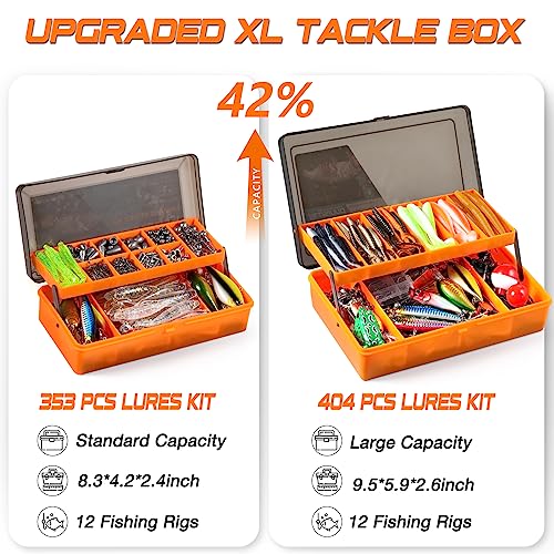 PLUSINNO 353/404 PCS Fishing Lures, Upgrade Fishing Tackle Box with Tackle Included, Crankbaits, Hooks, Weights, Other Accessories, Fishing Lure Bait Gear Equipment Kit Gift for Men Freshwater Bass - color: 404 Pcs Fishing Tackle Kit