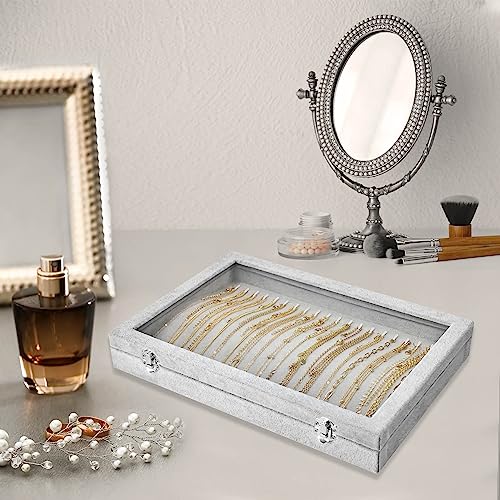 Necklace Organizer Box with Clear Lid Velvet Tray for Jewelry Storage Display Case, 20 Hooks Glass Top Drawer Insert Necklaces Pendants Dustproof Necklace Jewelry Box Organizer & Tray (Grey) - color: Grey, size: Necklace tray