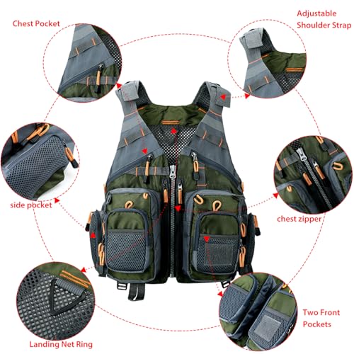 Obcursco Fly Fishing Vest for Men and Women with Breathable Mesh, Trout Fishing Gear, for Outdoors Stream Fishing - color: Army Green