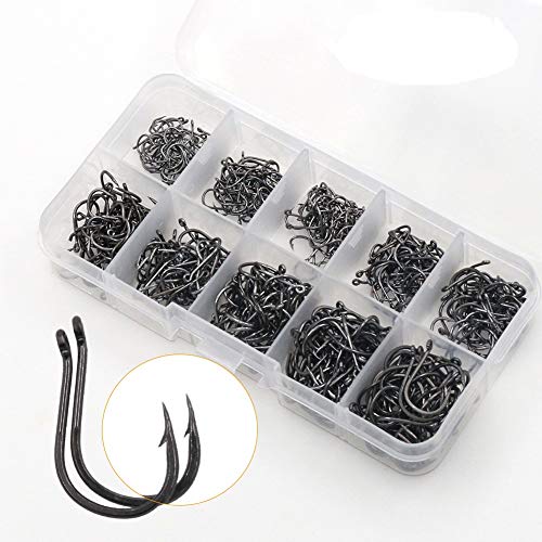 500PCS Small Fishing Hooks, Assorted 10 Sizes(3#-12#) Fish Hooks Portable Plastic Box, Strong Sharp Fishhook with Barbs for Freshwater/Seawater - color: black