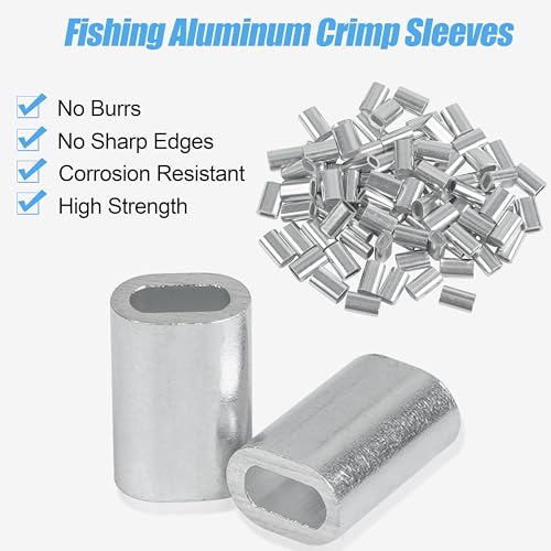 Aluminum Fishing Line Crimp Sleeves, 120pcs Single Barrel Oval Crimping Loop Sleeves Tubes Fishing Line Connector Fishing Wire Leader Rigging Tackle for Wire Rope Cable - size: 1.8*3.7mm-120pcs