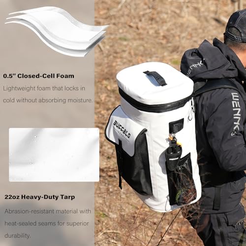 Buffalo Gear Fish Cooler Backpack 32Qt Waterproof Fishing Backpack Cooler Portable Fish Bag, Keep Ice Cold More Than 24 Hours - color: White-32qt