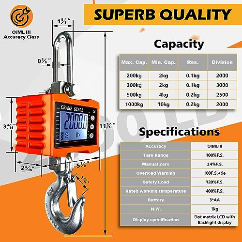 YATOINTO 2200lb Digital Crane Scale High Precision Heavy Duty Industrial Hanging Scale with Remote Control Aluminum Case CE Certified Electronic Weighing Crane Scale, for Garage Farm Hunting (Orange)