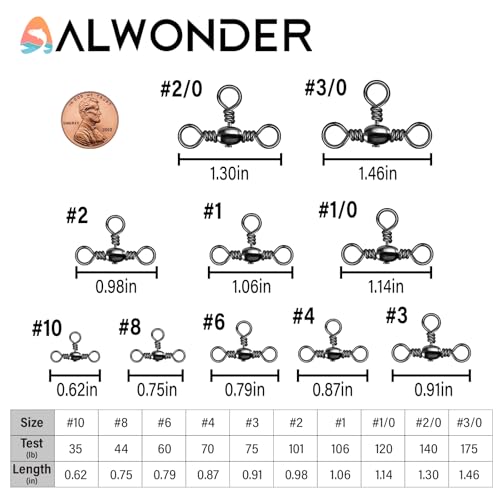 Alwonder 50-Pack 3 Way Swivels Fishing Tackle High Strength Stainless Steel Barrel Swivels 35-175LB Three Way Swivel for Saltwater Freshwater Catfish Rigs Surf Fishing Rigs - size: #6-60LB