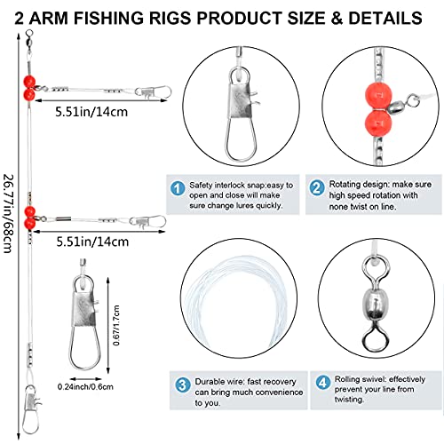YOTO Fishing Leaders,Saltwater Tackle Rig with Swivels Snap, High-Strength Fishing Wire Gear Equipment for Lures Bait Or Hooks,1Arm and 2Arm - color: White Nylon Leaders, style: 2arm，24pack