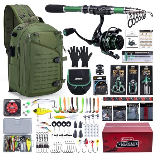 Goture Fishing Kits for Adult,Fishing Pole and Reel Combo, OpenSide Fishing Sling Tackle Storage Bag with 3 Tackle Boxes,Gift for Men - color: Green 20L Bag + 3600 Trays +Basic Bait Set(Gift Boxed), size: 7FT/2.1M