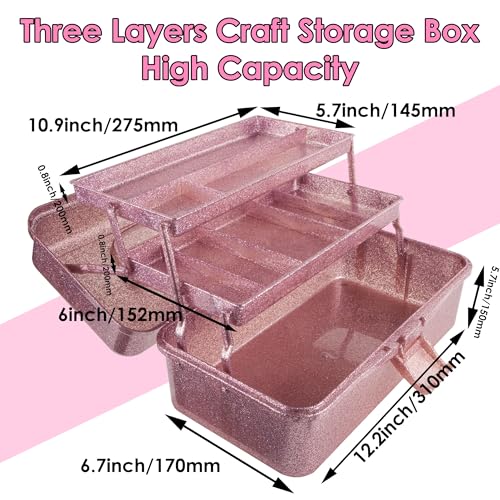 Glitter Pink 3 Layer Craft Storage Box, Pink Tackle Box Organizer for craft tool, Cosmetic Organizer for girls - color: Hot Blush